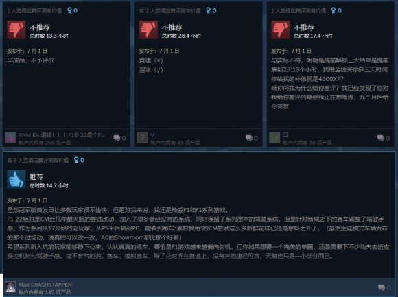 《F1 2022》已正式发售，Steam评价为“褒贬不一”