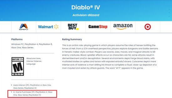 《暗黑破坏神4》评级信息显示本作包含内购选项 年龄分级为17+
