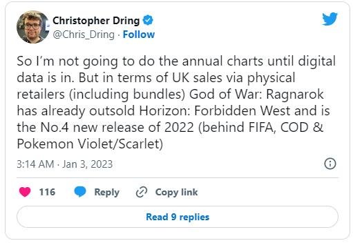 《战神5》英国实体版销量超《地平线2》 成英国地区2022年销量第四游戏