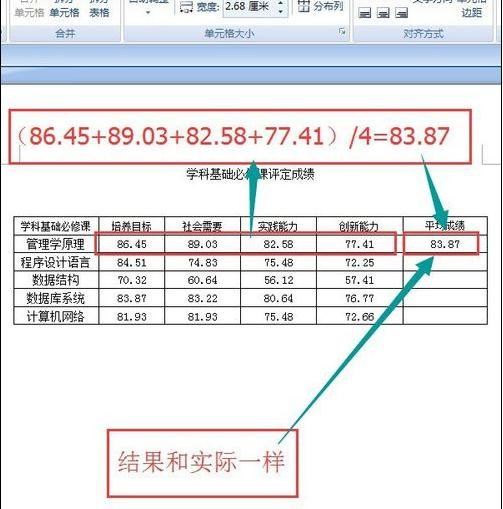 如何在word2010中使用公式计算表格成绩的方法