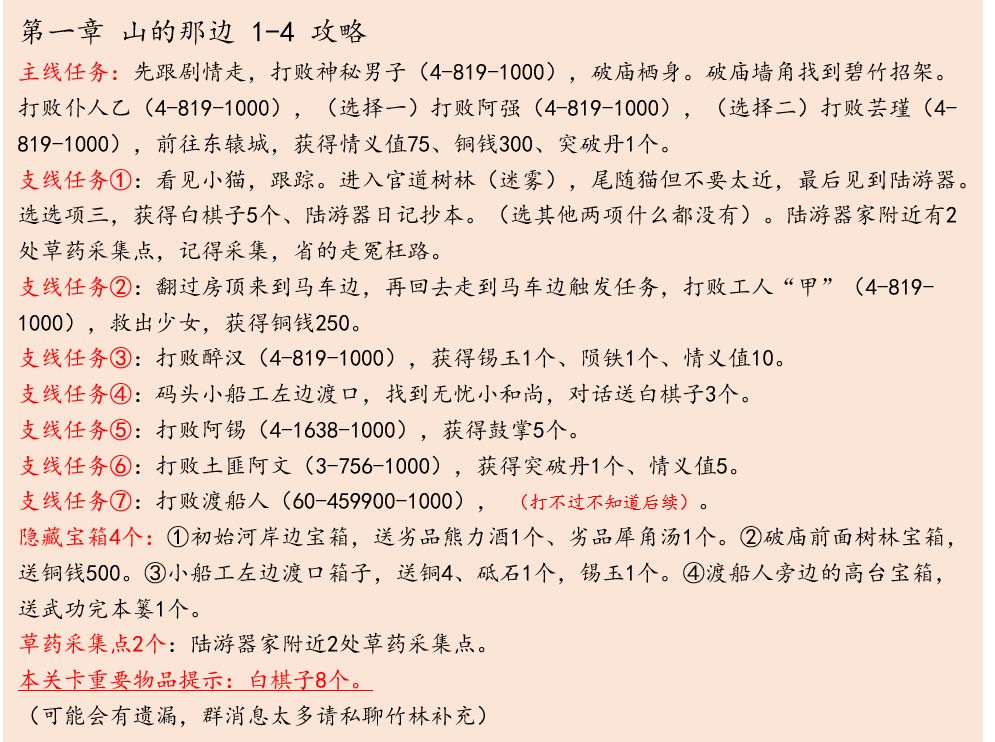 江湖悠悠三测第一章全关卡详细攻略大全