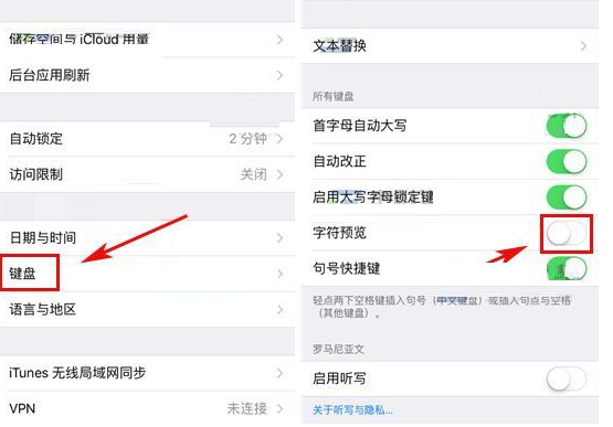 在苹果iphone8中关闭字符预览功能的具体方法是什么