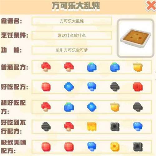 宝可梦大探险方可乐大乱炖食谱配方及吸引宠物一览