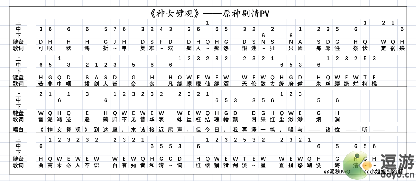 原神神女劈观琴谱分享