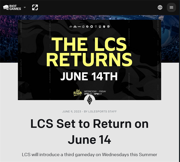 北美LCS选手协会与拳头达成和解：6月14日开始LCS夏季赛