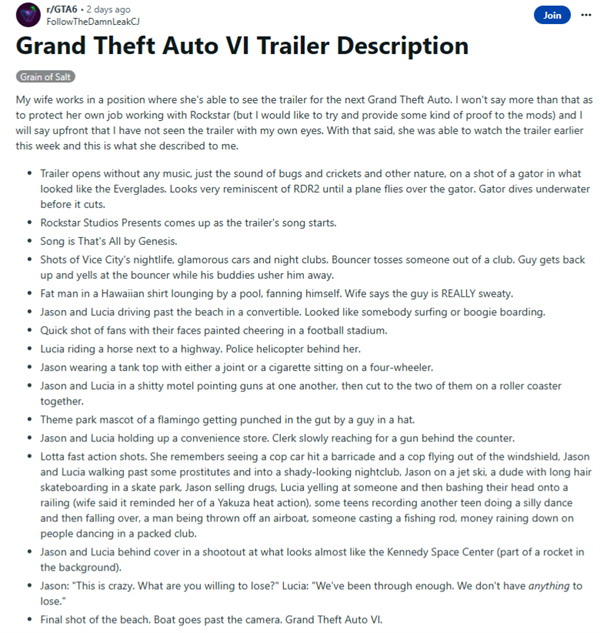 《GTA6》首个预告或将下周发布  大量内容泄露