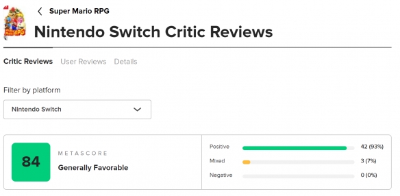 《超级马里奥RPG：重置版》媒体评分出炉 M站均分84