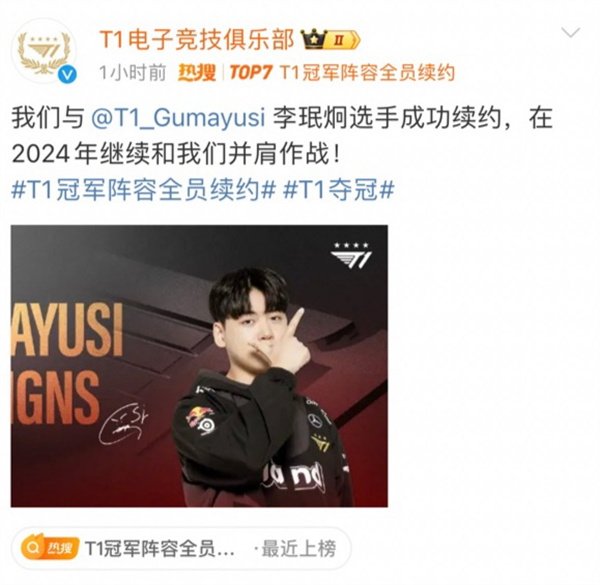 《LOL》T1战队宣布与冠军阵容全员续约 新赛季继续并肩作战！