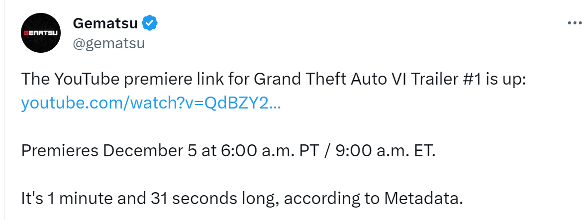 惯例！《GTA6》预告时长或为1分31秒