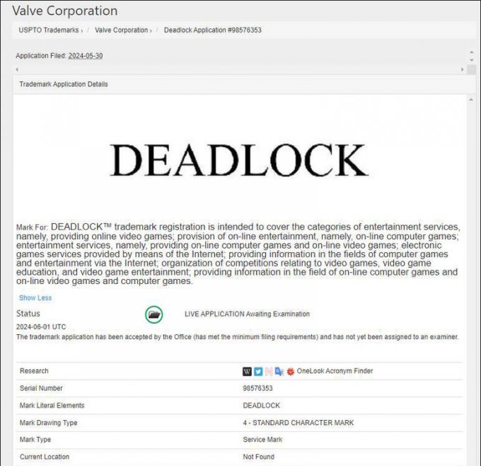 第三人称射击新游！Valve申请《DEADLOCK》商标